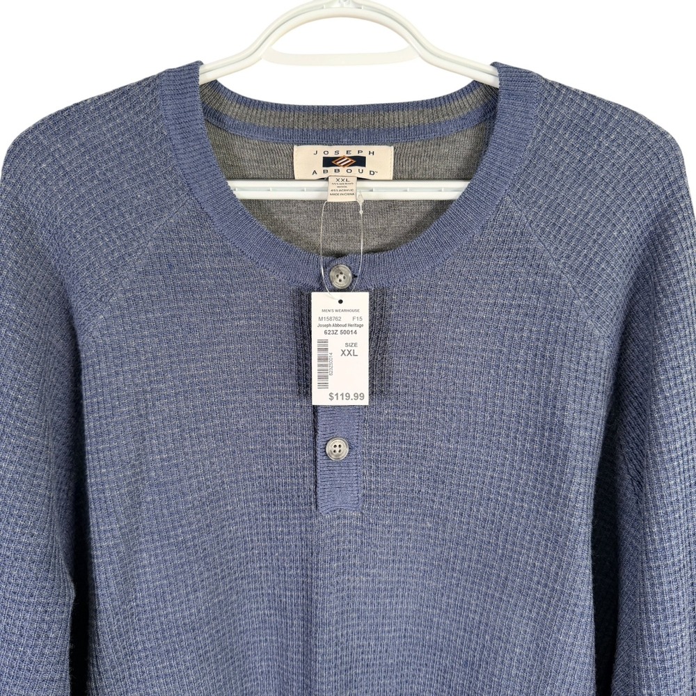 NEW Joseph Abboud Heritage Henley Sweater Mens XXL Blue Merino Wool Waffle Knit